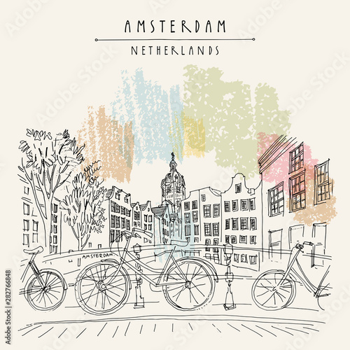 Amsterdam, Holland, Netherlands - vintage hand drawn postcard