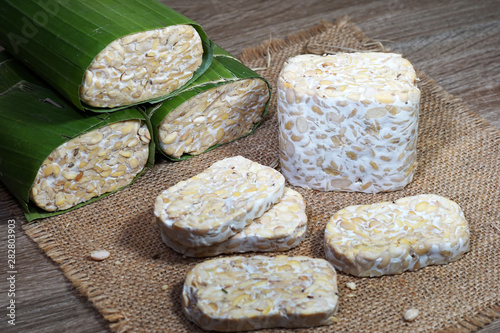 slices of raw tempeh a traditional food of Indonesia
