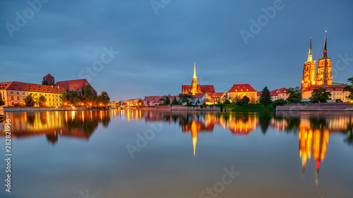 Panorama of the Cathedral Island with Cathedral of St. John in Wroclaw, Poland, at night