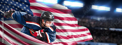 USA Hockey Player in action around national flags