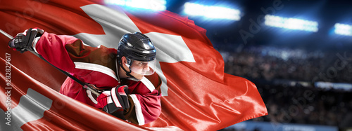 Switzerland Hockey Player in action around national flags
