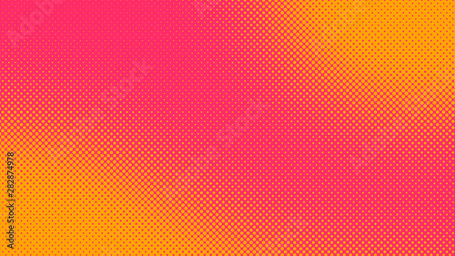 Orange and magenta pop art background in retro comic style with halftone dots, vector illustration of backdrop with isolated dots