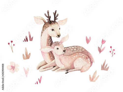 Watercolor little deer baby and mother watercolour bembi cartoon baby nursery. Forest funny young deer illustration. Fawn animal. Mom and baby decor