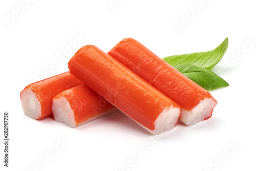 Delicious, fresh crab sticks, crabmeat, isolated on white background