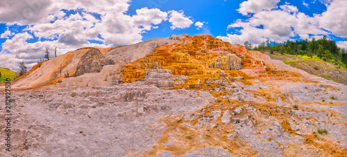 Panorama of terraces at Mammoth Hot Spring, Yellowstone National Park.