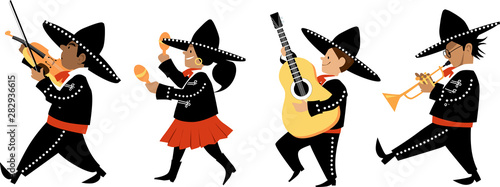 Cute kids in mariachi outfits playing traditional instruments, EPS 8 vector illustration