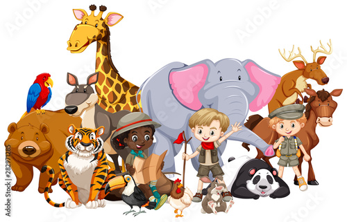 Children with animals on isolated background