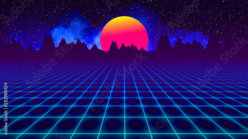 background retro 1980 , sun between mountains silhouette and sky whit stars whit grid and smoke. Illustration