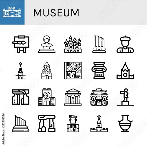 Set of museum icons such as Palace, Easel, Statue, Cathedral of saint basil, Column, Artist, Kremlin, Art, Monument, Company, Courthouse, Teddy bear museum, Dolmen, Greek vase , museum
