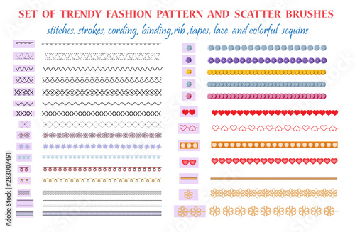 Set of fashion pattern brushes. Modern printed stripes, stitches, binding, tapes, laces, belts and pockets.