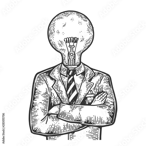 Businessman with lamp bulb instead head sketch engraving vector illustration. Scratch board style imitation. Black and white hand drawn image.