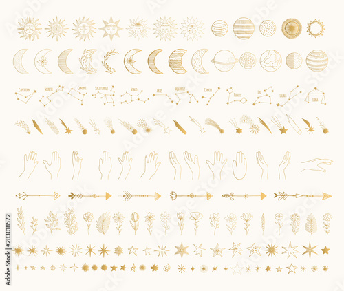 Big golden galaxy bundle with sun, moon, crescent, shooting star, planet, comet, arrow, constellation, zodiac sign, hands. Hand drawn vector isolated illustration.