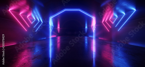 Neon Glowing Plasma Retro Cyber Virtual Purple Blue Luminous Fluorescent Tube Lights Abstract Grunge Concrete Tunnel Room Sci Fi Futuristic Stage Empty Night Background 3D Rendering