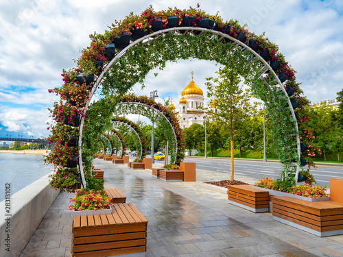 Moscow in the summer. Russian Federation. The streets of Moscow. Cathedral of Christ the Savior on Prechistenskaya embankment. Decoration of the city with flowers at the Cathedral of Christ the Savior