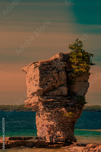 Flower pot rock formation at sunset, Lake Huron, ON