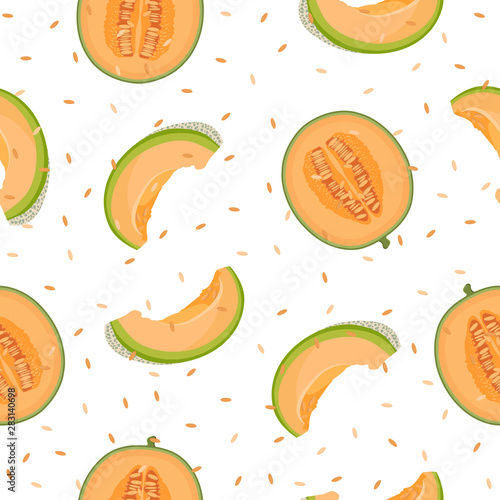 Melon half and slice seamless pattern on white background with seed, Fresh cantaloupe melon pattern background, Fruit vector illustration.