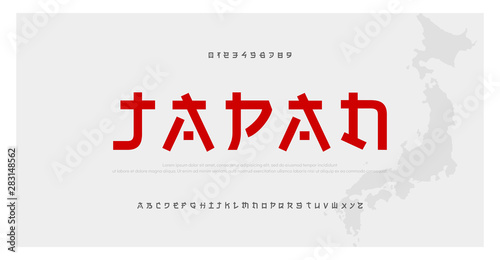 Japanese modern style alphabet font typeface. Typography japan asian fonts and number. English letters uppercase and numbers. Vector Illustration