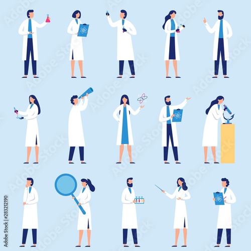 Scientists people. Science lab worker, chemical researchers and scientist professor character. laboratory creative scientist job, medicine workers characters. Isolated flat vector icons set