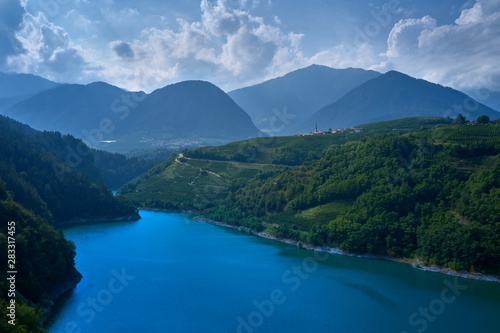 Aerial view Lake Santa Giustina, Castel Cles, bridge over the lake. North of Italy.