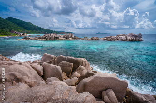 Seychelles picturesque coastline with granite rocks. Beauty in nature