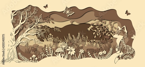Template fox on glade for to cut with a laser from paper. Line with mushrooms, grass, and butterflies, wood and flowers. For decoration and design. Template for laser cutting and Plotter. Vector illus