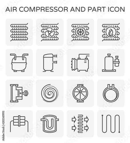 Air compressor or air condenser unit is a part of air conditioning HVAC systems. Vary type of compressor such as reciprocating, scroll, rotary, rotary vane. Including receiver. Vector icon design.