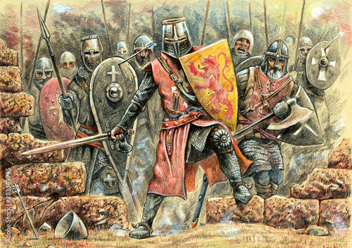 Medieval knights attack illustration. Battle with Johanniter knights. Medieval battlefield and Conquest of Jerusalem.