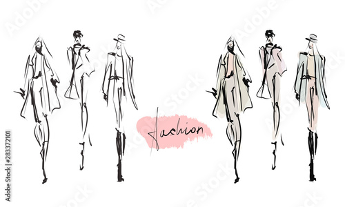 Young stylish girls. Women's fashion set. Hand-drawn illustration. Sketch, vector