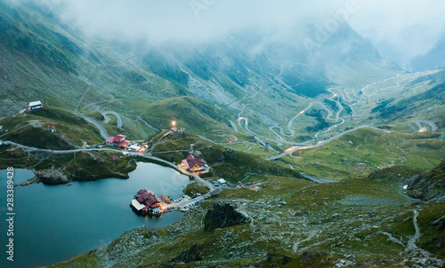 Balea lake in Fagaras mountain, Romania. evening landscape