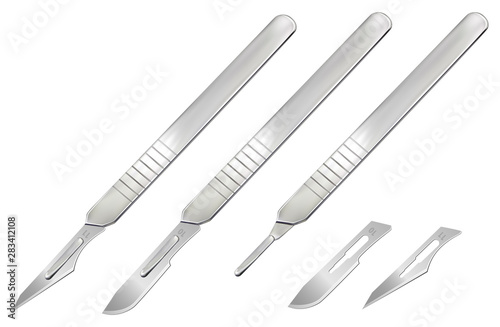 Scalpels with blades, a handle without a blade and removable blades. Manual surgical instrument. Realistic objects on a white background. Vector