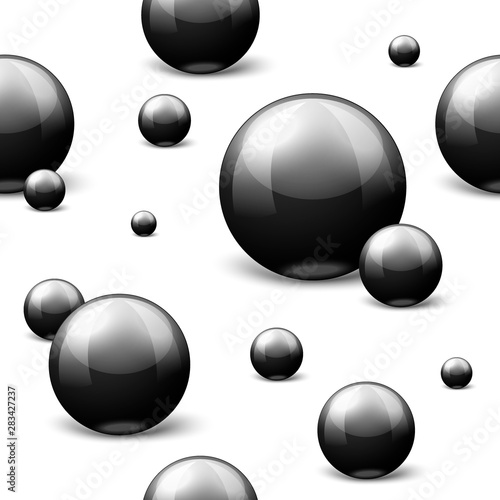 Vector 3D realistic seamless pattern with black marble balls, isolated on white background.