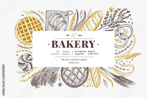 Bread and pastry banner. Vector bakery hand drawn illustration. Vintage design template.