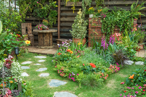 Landscaped backyard flower garden of residential house