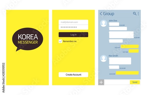 Korean messenger. Kakao talk interface with chat boxes, login and create account page vector template. Kakao korean app interface smartphone illustration