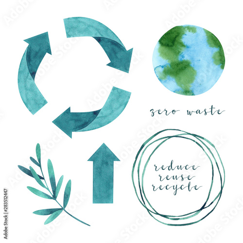 Watercolor recycling signs and sprig with leaves isolated on white background. Hand drawn reuse symbol for ecological design. Zero waste lifestyle. 