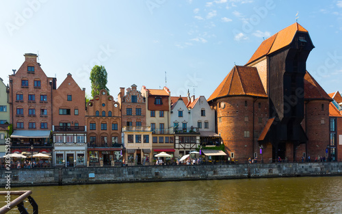 Beautiful day of Motlawa river embankment in historical part of Gdansk