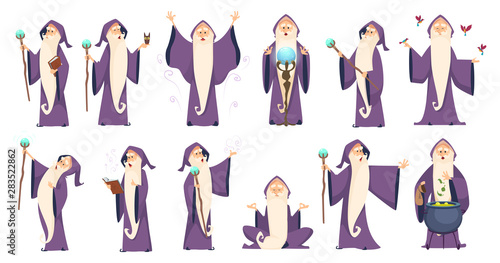 Wizard. Mysterious male magician in robe spelling oldster merlin vector cartoon characters. Sorcerer character in costume, spell magician, witchcraft and magical illustration