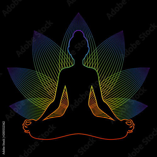 Meditating woman with rainbow aura in lotus pose. Yoga illustration.