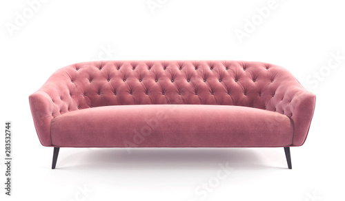 Modern fashionable stylish pink sofa with carriage stitch, buttons, with legs on isolated white background. Furniture, interior object, stylish sofa. Romantic female sofa