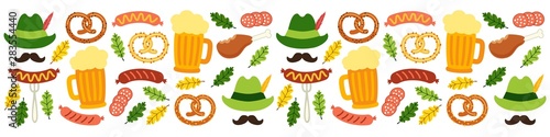 Cute Octoberfest Menu background with symbols as beer, sausage, pretzel, green german costume hunting hat with feather, mustache and oak leaves isolated on white