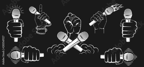 Set of logos. A hand is holding a microfone. Vector graphics.