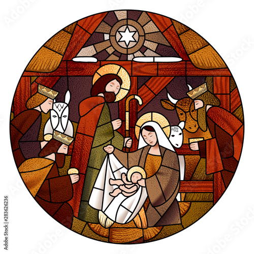 Circle stained glass with the Christmas in beige and brown colors