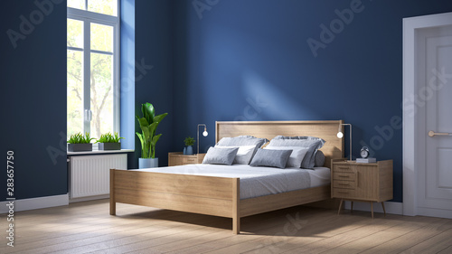 Modern scandinavian interior of Bedroom ,wood bed and bedside table on dark blue wall and wood floor ,3d render