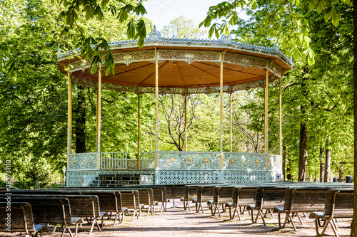 The eclectic-style bandstand in Brussels Park, Belgium, was built in 1841 by renowned belgian architect Jean-Pierre Cluysenaar.