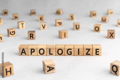 apologize - word from wooden blocks with letters, sorry concept, random letters around, white background