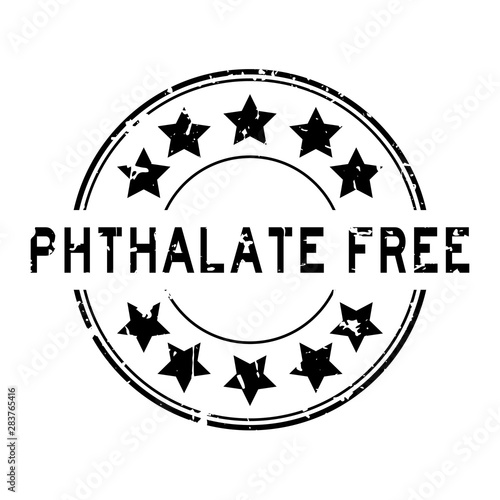 Grunge black phthalate free word with star icon round rubber seal stamp on white background