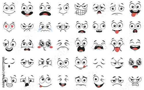 Cartoon faces. Expressive eyes and mouth, smiling, crying and surprised character face expressions. Caricature comic emotions or emoticon doodle. Isolated vector illustration icons set