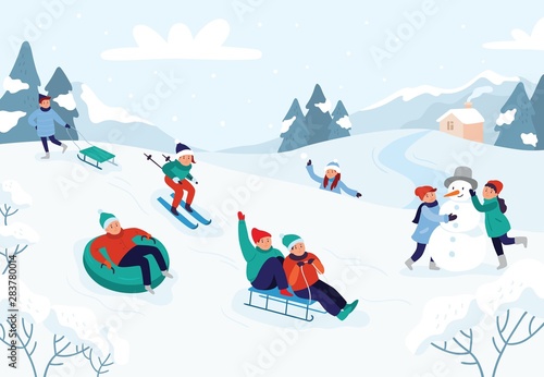 Kids riding sledding slide. Snow landscape, winter snowy fun activities. Sled speed riding or childhood holiday sledge ride game activity vector illustration