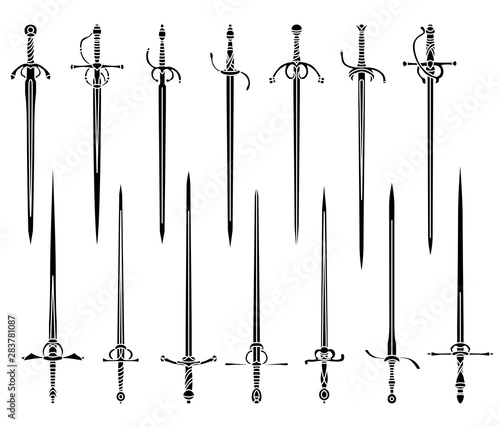Set of simple monochrome images of rapiers and epees.