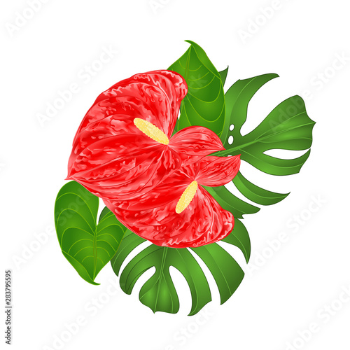 Tropical flowers floral arrangement, with beautiful lilies anthurium and philodendron vintage vector illustration editable hand draw